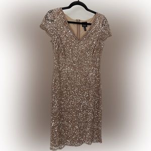 Adrianna Papell Rose Gold Sequined and Beaded Dress